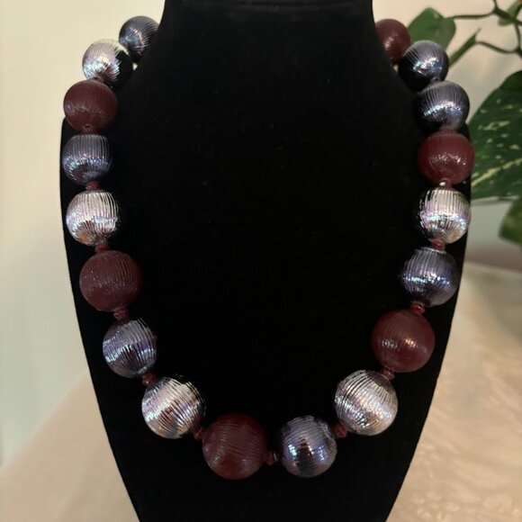 Beautiful Wine, Grey and Silver Color Beaded Necklace - 21" - Picture 2 of 8